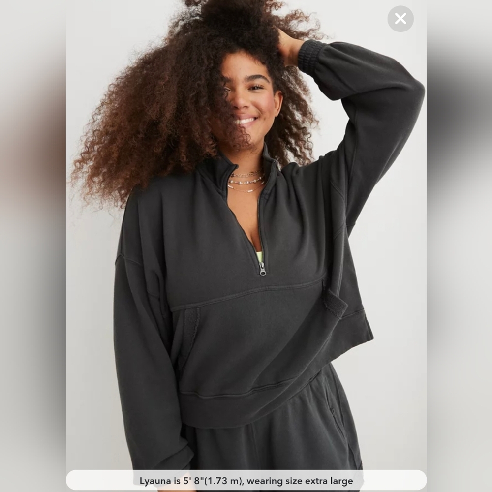 Aerie Chillax Quarter-Zip Cropped Sweatshirt in Smoked Gray - Size XL
